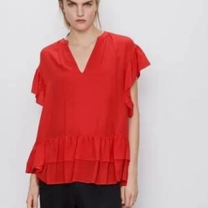 Zara Scarlet Ruffle V-Neck Blouse